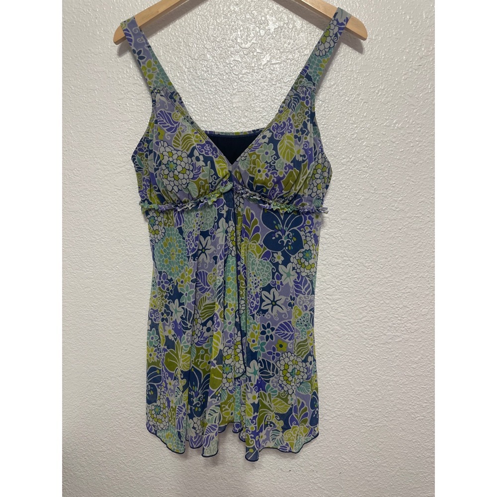 A Shore Fit Floral Mesh Swimdress One Piece Swimsuit Blue Purple Green Womens 16